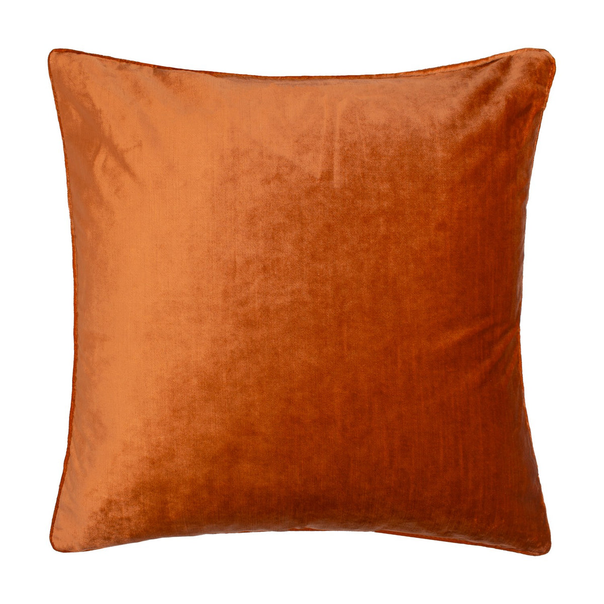 Square velvet cushion in rust orange with a piped edge, shown on a plain white background, Luxe Velvet Plain Polyester Cushion.