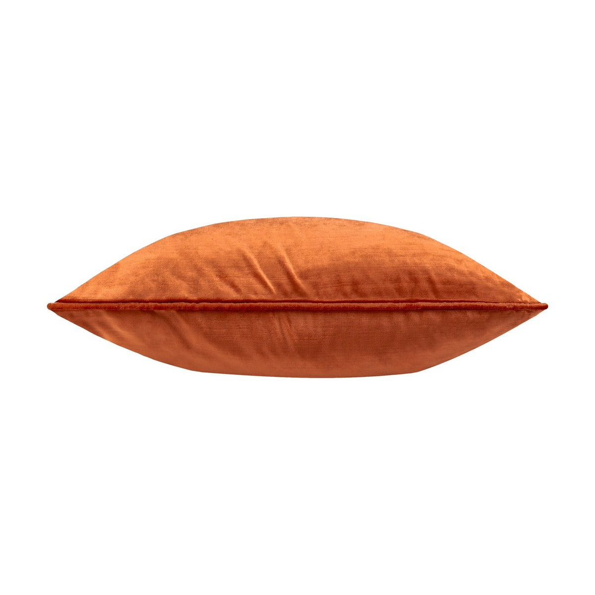 Luxe Velvet Plain Polyester Cushion in rust, a square velvet-feel cover with piped edging shown lengthwise on a plain white background.