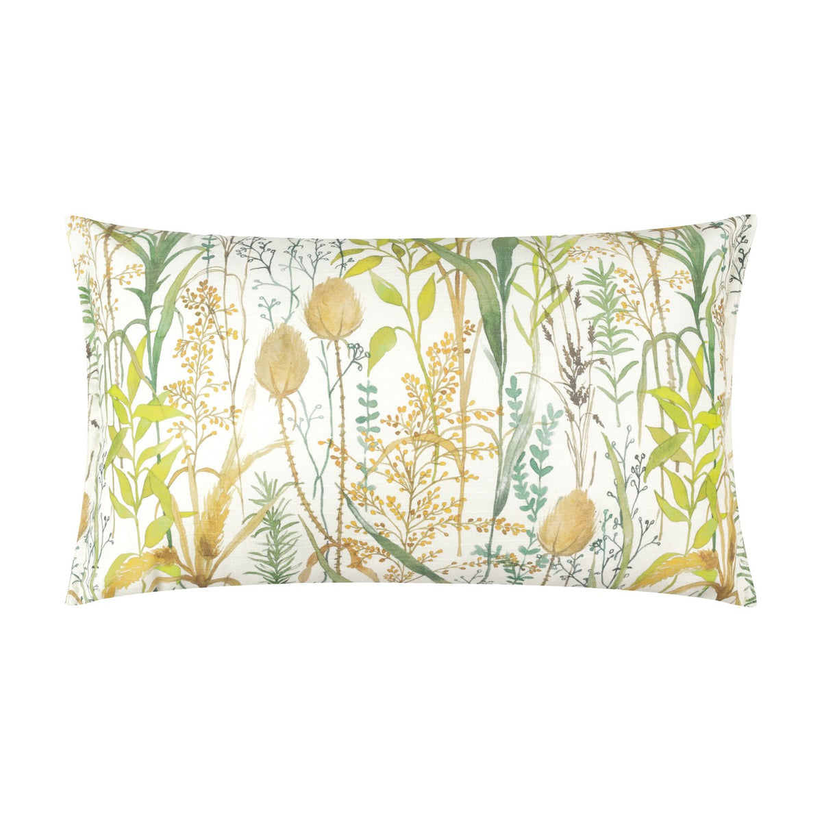Lydiard rectangular linen cotton cushion in Moss, featuring a watercolour meadow print of green, amber and brown grasses and seed heads on cream, shown on a white background.