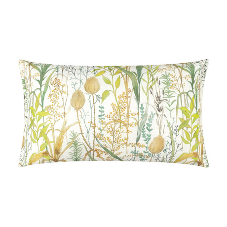 Lydiard rectangular linen cotton cushion in Moss, featuring a watercolour meadow print of green, amber and brown grasses and seed heads on cream, shown on a white background.