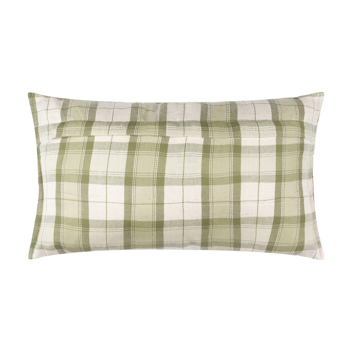 Lydiard Linen Cotton Cushion in Moss, oblong bolster shape with a woven moss green and cream check pattern, shown on a plain white background.