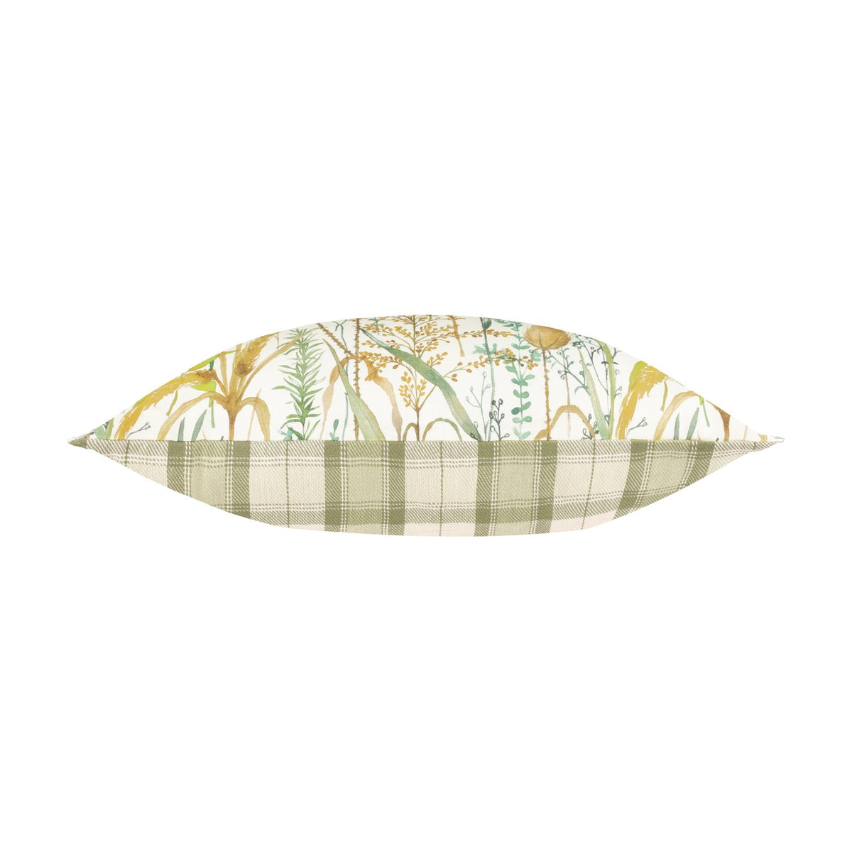 Lydiard bolster cushion in linen-cotton, shown side-on with a watercolour meadow print on one side and a moss green and cream check on the other, set against a plain white background.