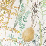 Close-up of the Lydiard linen cotton cushion in Moss, showing a hand-painted watercolour meadow print with wild grasses, seed heads and teasels in green, amber and brown tones.