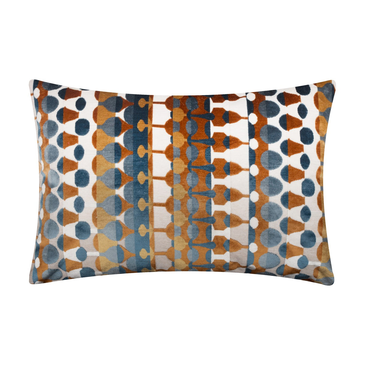 Rectangular Metro Abstract Jacquard Velvet Cushion in Ginger, featuring a geometric pattern of drops, dots and hourglasses in rust, ochre, teal and denim blue on cream.