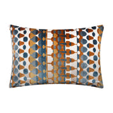 Rectangular Metro Abstract Jacquard Velvet Cushion in Ginger, featuring a geometric pattern of drops, dots and hourglasses in rust, ochre, teal and denim blue on cream.