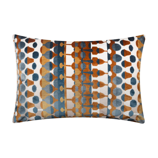 Rectangular Metro Abstract Jacquard Velvet Cushion in Ginger, featuring a geometric pattern of drops, dots and hourglasses in rust, ochre, teal and denim blue on cream.