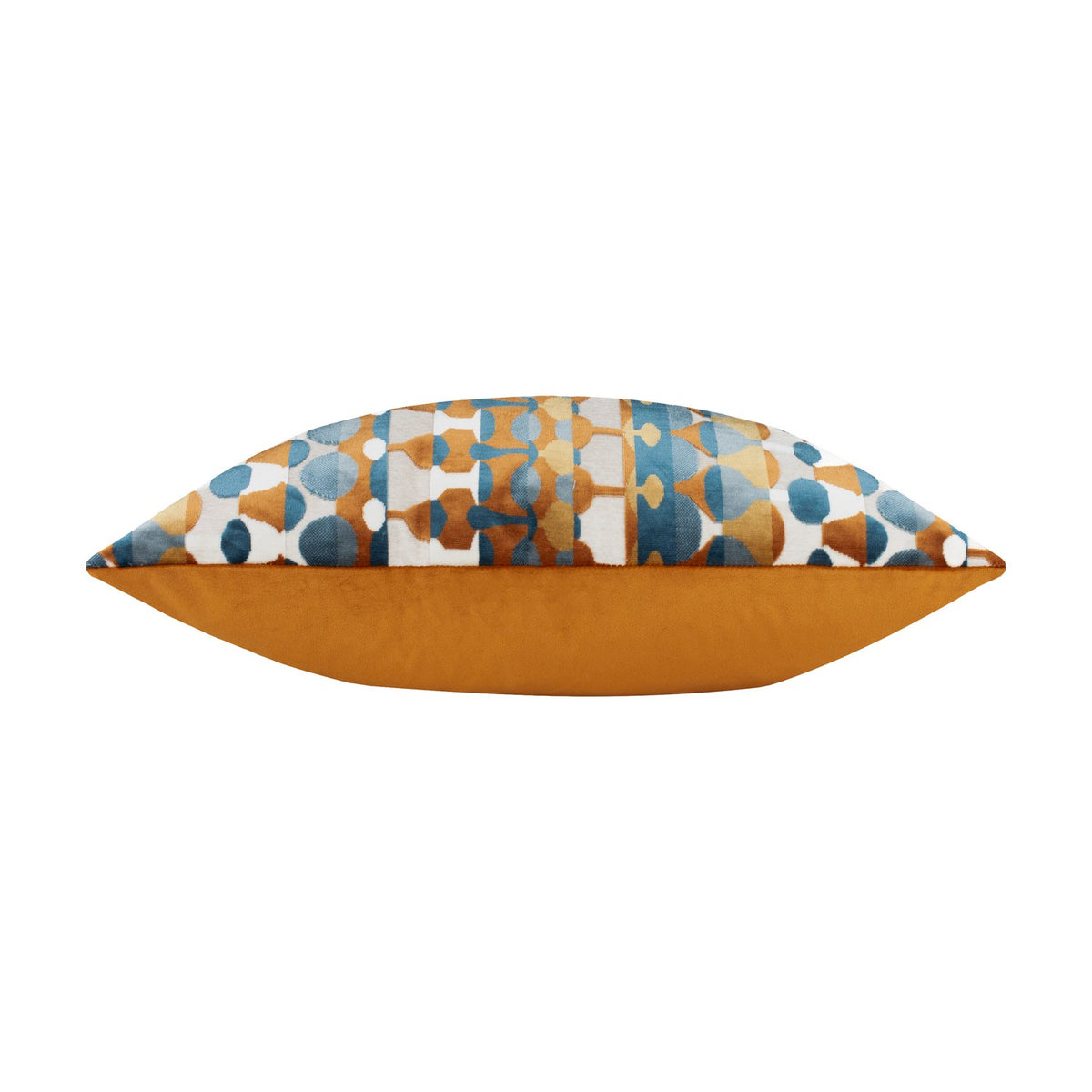 Metro Abstract Jacquard Velvet Cushion in Ginger, shown side-on with geometric rust, teal and cream jacquard front against a plain ginger velvet reverse, on a white background.