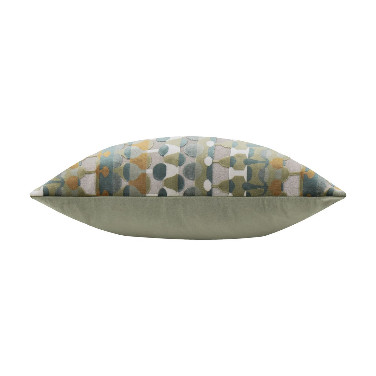 Metro Abstract Jacquard Velvet Cushion in multicoloured, shown side-on with patterned front in green, teal and amber tones and plain sage green back, on a white background.