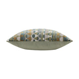 Metro Abstract Jacquard Velvet Cushion in multicoloured, shown side-on with patterned front in green, teal and amber tones and plain sage green back, on a white background.