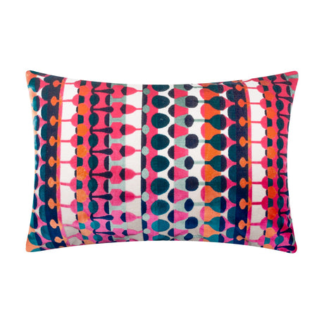 Metro Abstract Jacquard Velvet Cushion in multicoloured stacked stripes of pink, orange, teal, navy and sage on a cream ground, rectangular bolster shape, shown on a plain white background.