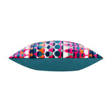 Side view of the Metro Abstract Jacquard Velvet Cushion, showing a pink, orange, teal and navy geometric pattern on the front and a plain teal velvet reverse, on a white background.
