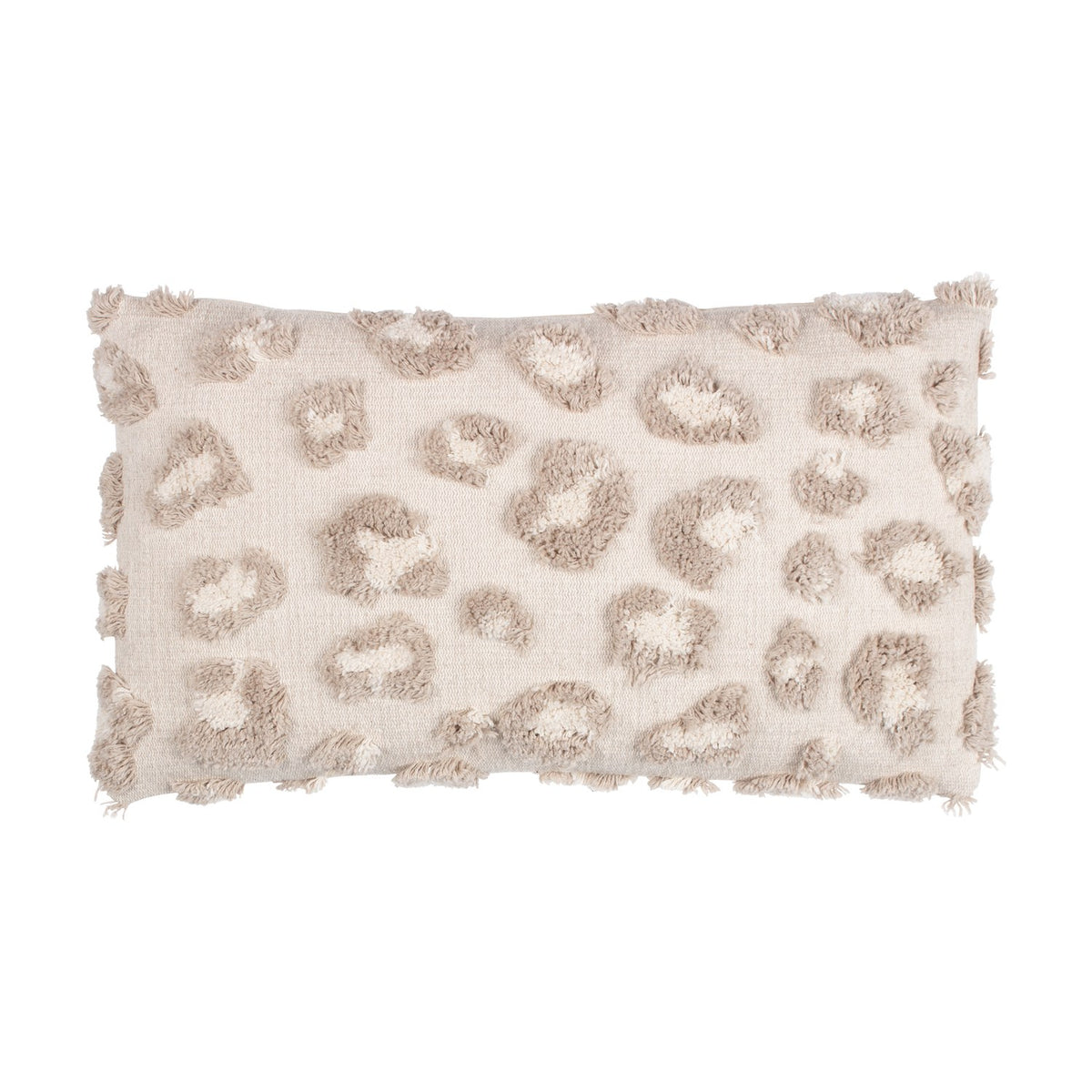 Maeve Animal Cotton Cushion in natural, a rectangular bolster cushion with a tonal leopard print in raised cotton tufts on a woven beige base, shown on a plain white background.