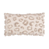 Maeve Animal Cotton Cushion in natural, a rectangular bolster cushion with a tonal leopard print in raised cotton tufts on a woven beige base, shown on a plain white background.