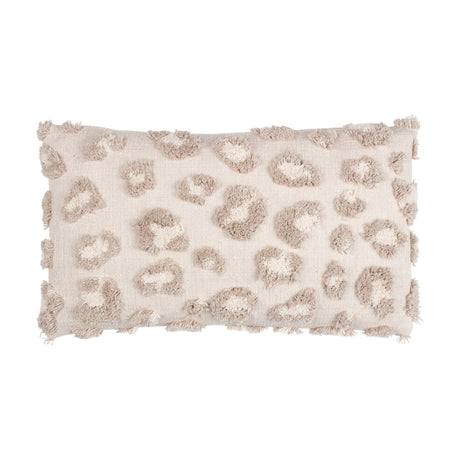 Maeve Animal Cotton Cushion in natural, a rectangular bolster cushion with a tonal leopard print in raised cotton tufts on a woven beige base, shown on a plain white background.