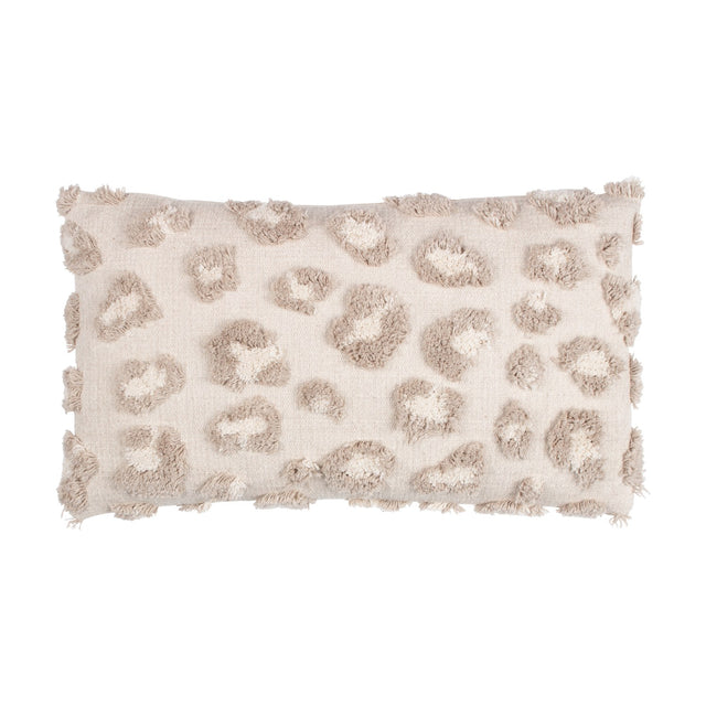 Maeve Animal Cotton Cushion in natural, a rectangular bolster cushion with a tonal leopard print in raised cotton tufts on a woven beige base, shown on a plain white background.