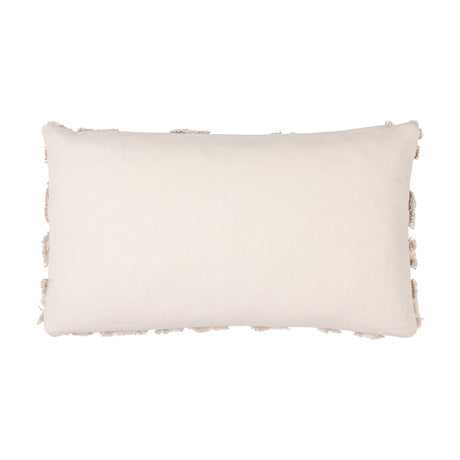 Rectangular bolster cushion, Maeve Animal Cotton Cushion in Natural, plain woven cotton reverse side shown in beige, on a white background.
