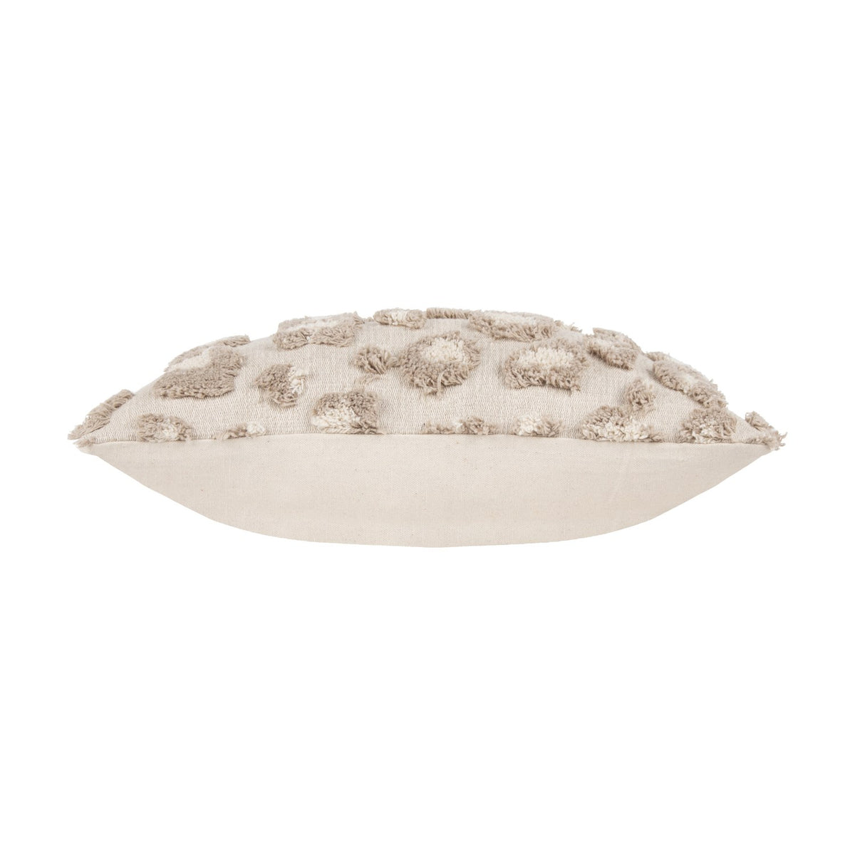 Side view of the Maeve Animal Cotton Cushion in natural, a rectangular bolster with tufted leopard-print spots in beige on a plain cotton base, shown against a white background.