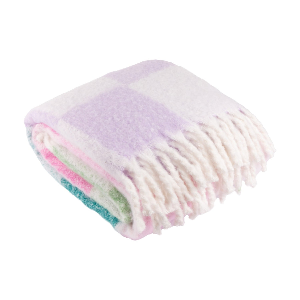 Folded Maisie Check Polyester Throw in a multicoloured lilac, teal, pink and green check with cream fringed trim, shown on a plain white background.