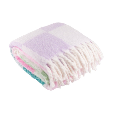 Folded Maisie Check Polyester Throw in a multicoloured lilac, teal, pink and green check with cream fringed trim, shown on a plain white background.