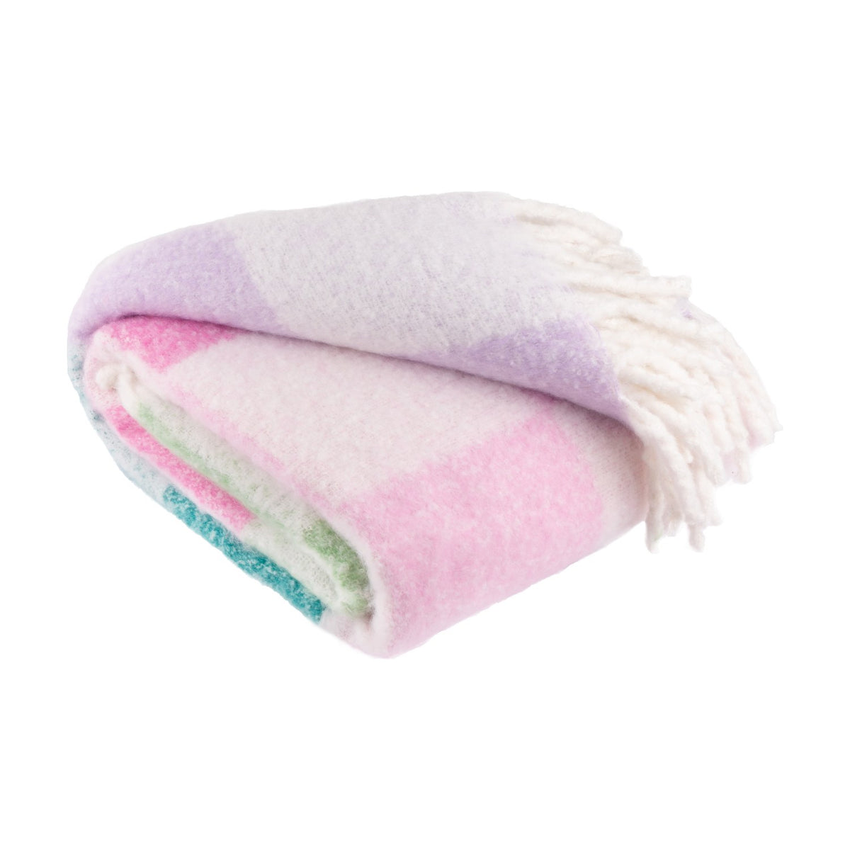 Maisie Check Polyester Throw folded to show lilac, pink, green and teal check pattern with cream fringed edge, on a plain white background.