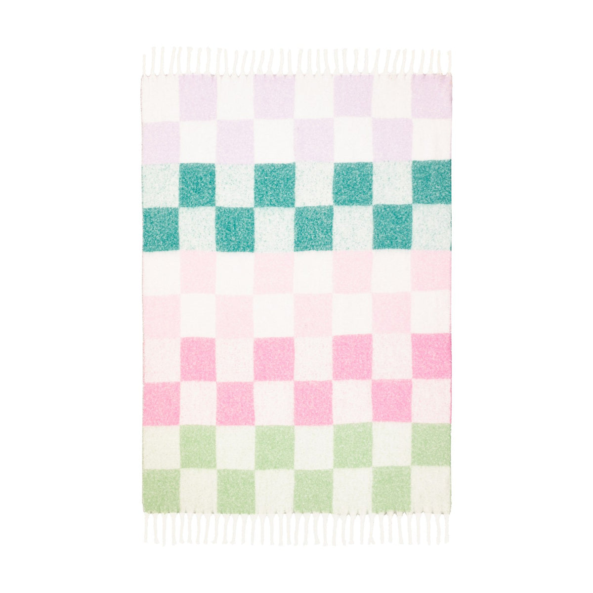 Maisie Check Polyester Throw with fringed ends, showing a checkered grid in lilac, teal, pink and green bands on a plain white background.