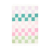 Maisie Check Polyester Throw with fringed ends, showing a checkered grid in lilac, teal, pink and green bands on a plain white background.