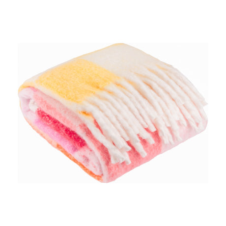 Maisie Check Polyester Throw in Citrus Blush, folded showing a cream base with a bold check pattern in yellow, orange, and pink tones, with a fringed edge, on a white background.
