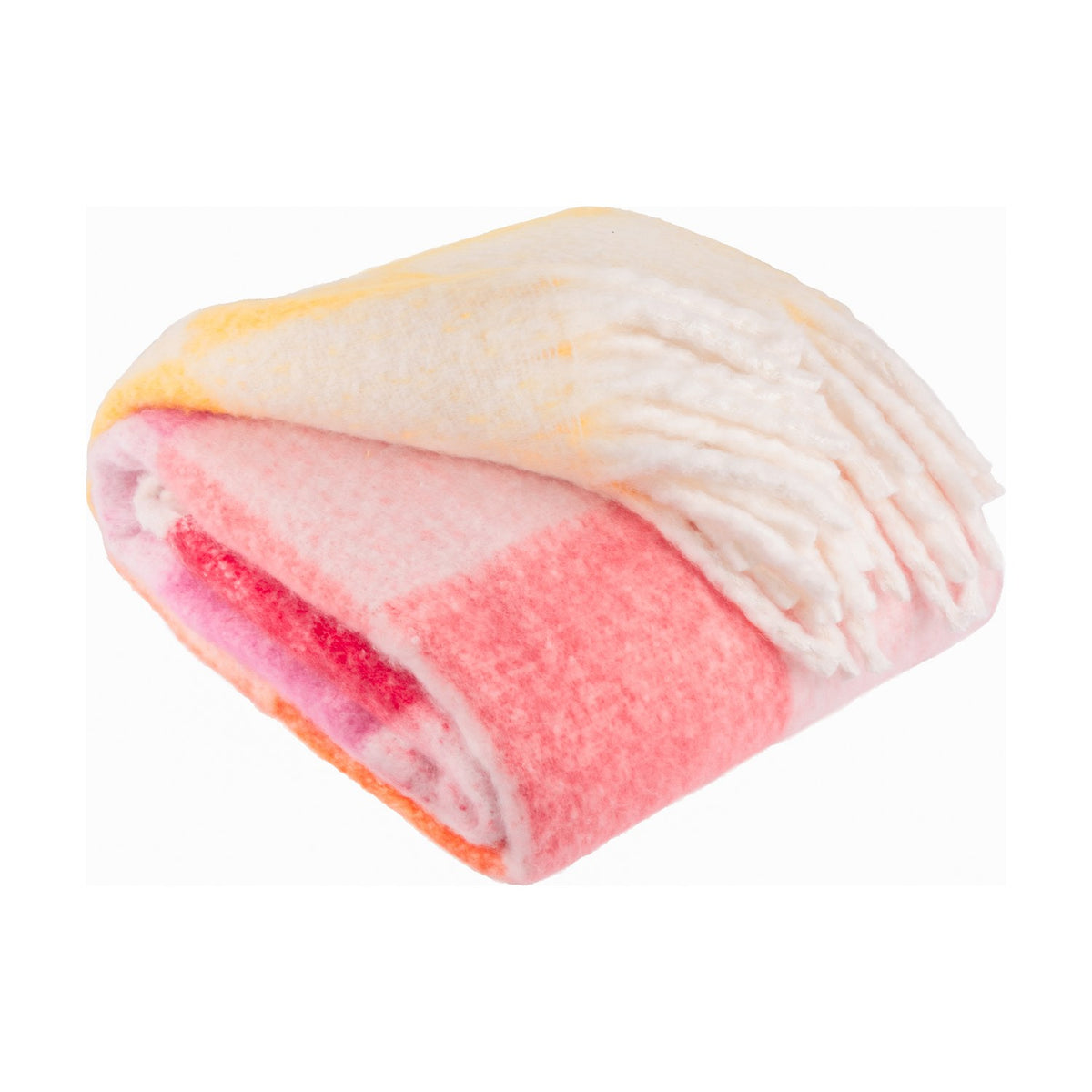 Maisie Check Polyester Throw in Citrus Blush, folded showing a check pattern in cream, yellow, orange and pink tones with a fringed edge, on a plain white background.