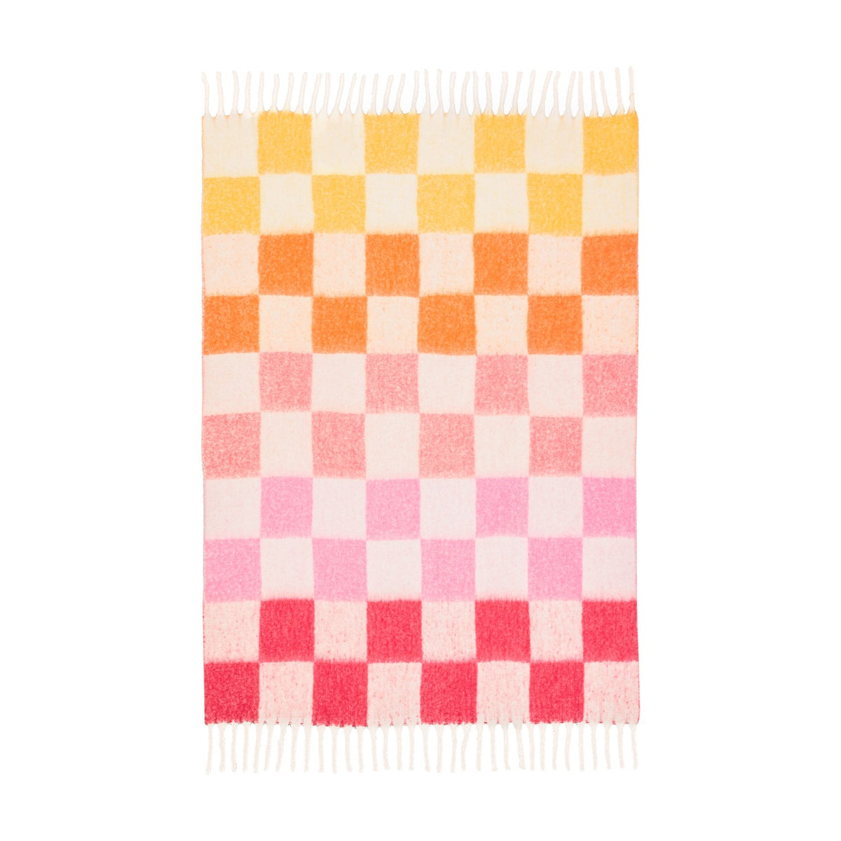 Maisie Check Polyester Throw in Citrus Blush, a woven checkerboard blanket fading from yellow and orange to pink and coral on a cream ground, with fringed edges on a white background.