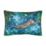 Majorelle rectangular cushion in azure blue, printed with a leopard stretched across Moroccan tile patterns and tropical palm fronds, polyester fabric, shown on a white background.