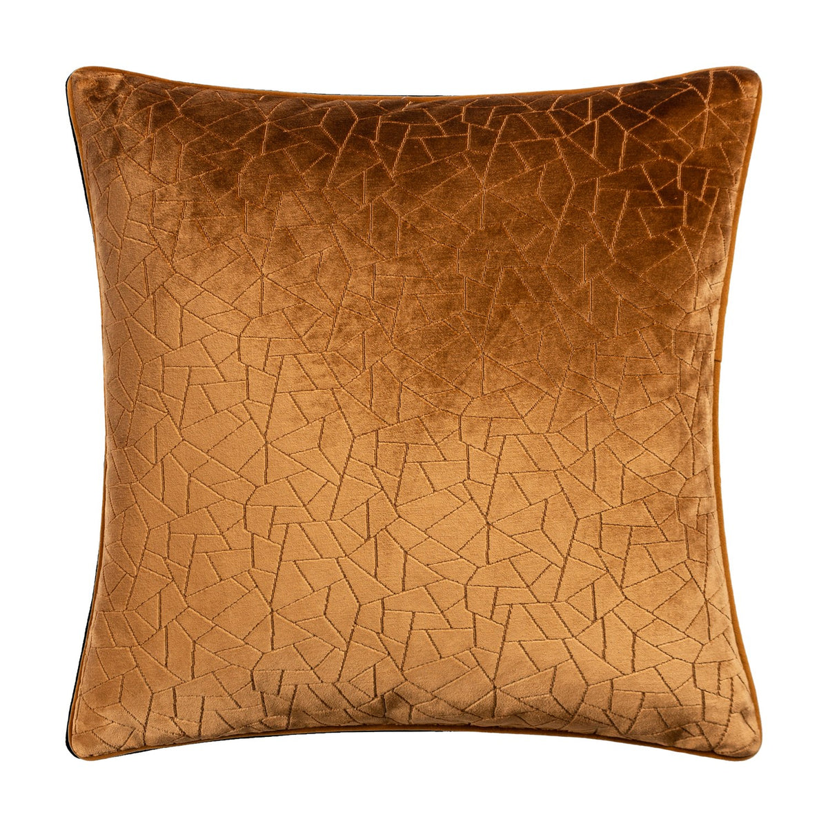 Malans Geometric Velvet Cushion in bronze, a square cut-velvet design with a crackled geometric pattern and self-coloured piping, shown on a plain white background.