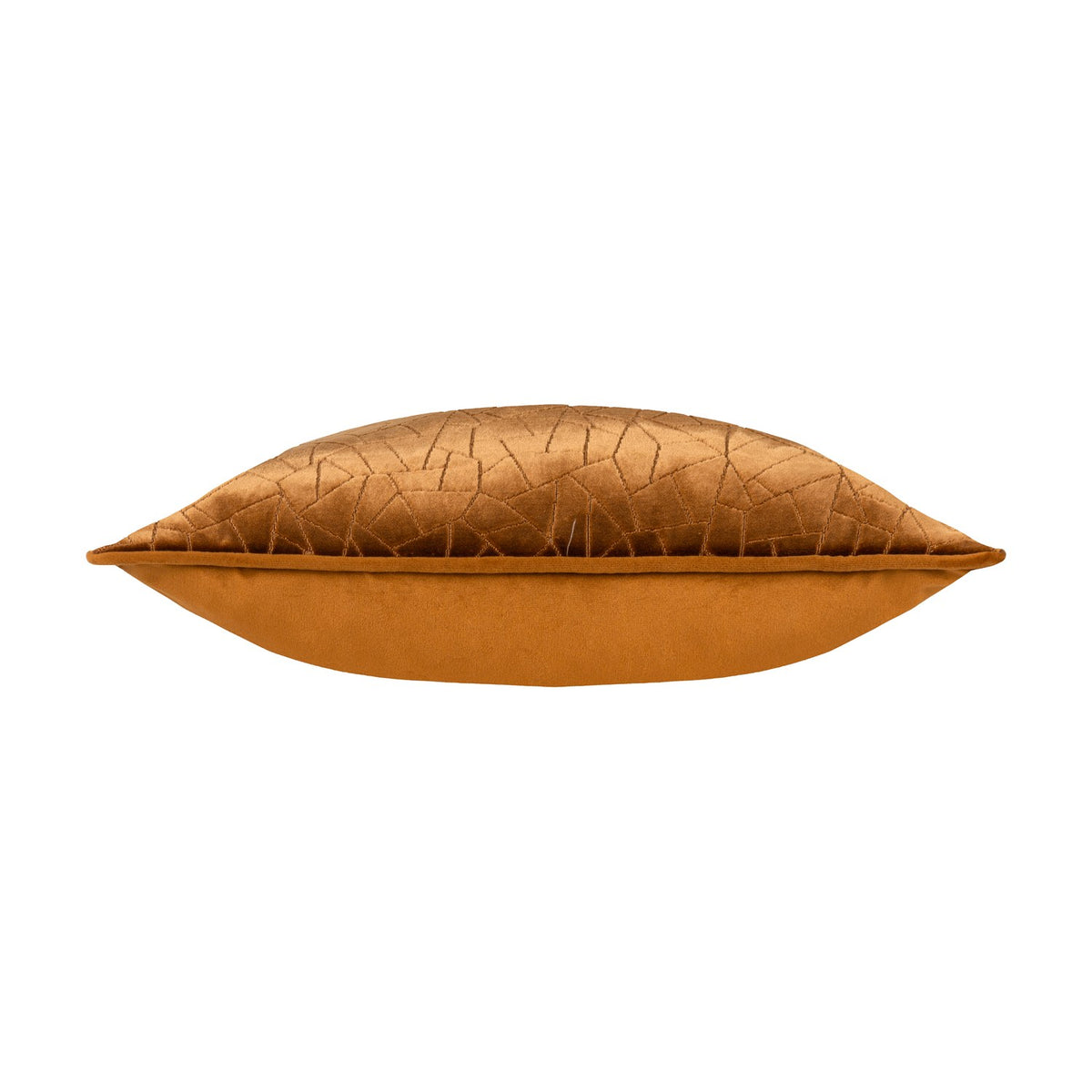 Malans Geometric Velvet Cushion in bronze, shown side-on to reveal its plump square shape with cut-velvet crackled pattern on the front and plain velvet reverse, on a white background.