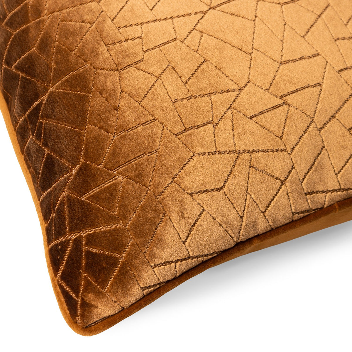 Close-up of the Malans Geometric Velvet Cushion in bronze, showing cut-velvet fabric with a crackled geometric pattern in two-tone brown against a white background.