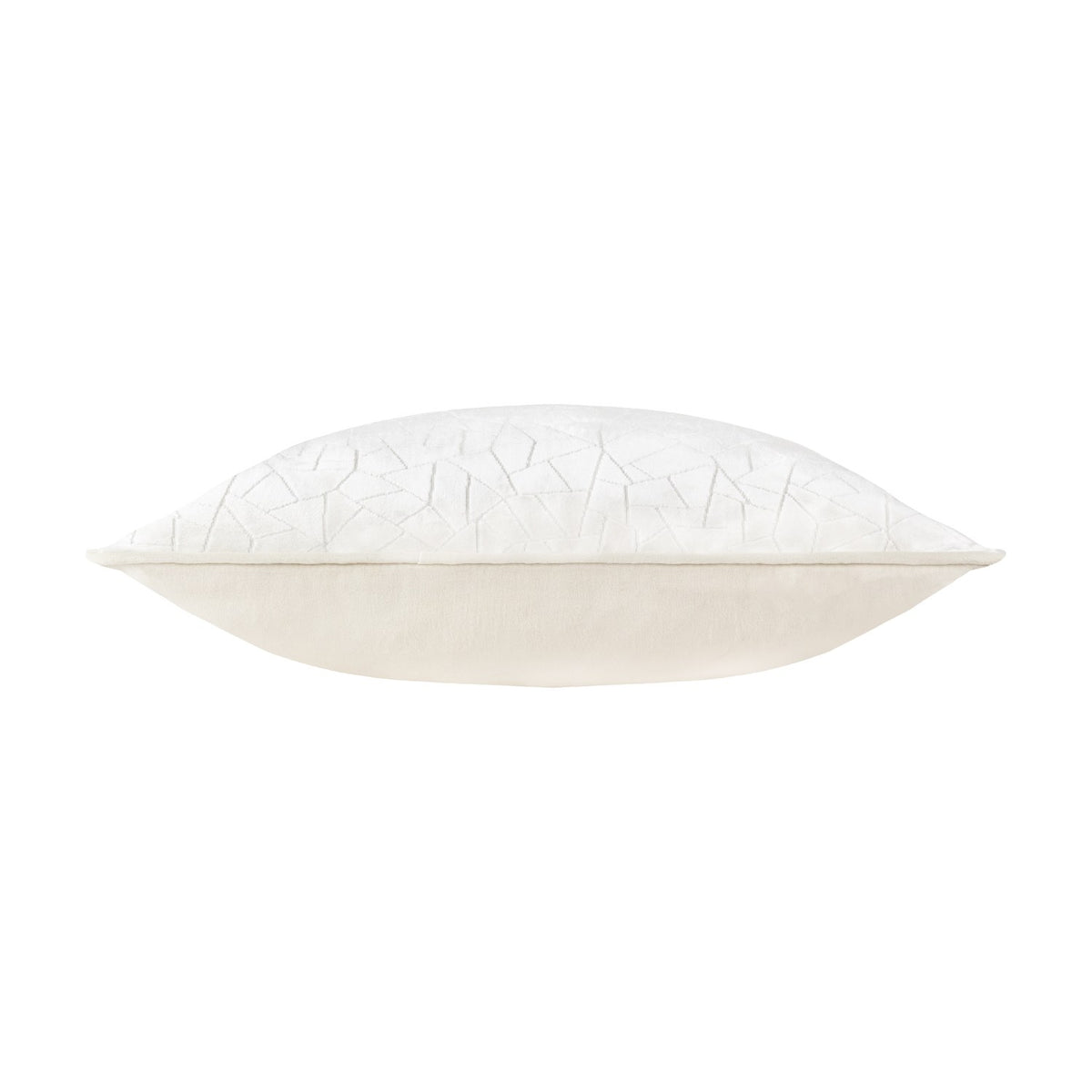 Side view of the Malans Geometric Velvet Cushion in milk cream, showing a plain back panel and a crackled-glass patterned velvet front, on a white background.