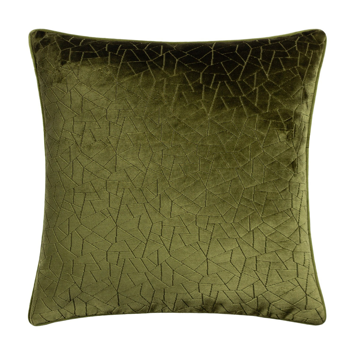 Malans square velvet cushion in olive, featuring a cut-pile geometric crackle pattern, plain velvet reverse, and piped edge trim, shown on a white background.