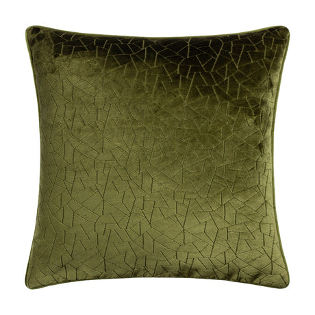 Malans square velvet cushion in olive, featuring a cut-pile geometric crackle pattern, plain velvet reverse, and piped edge trim, shown on a white background.