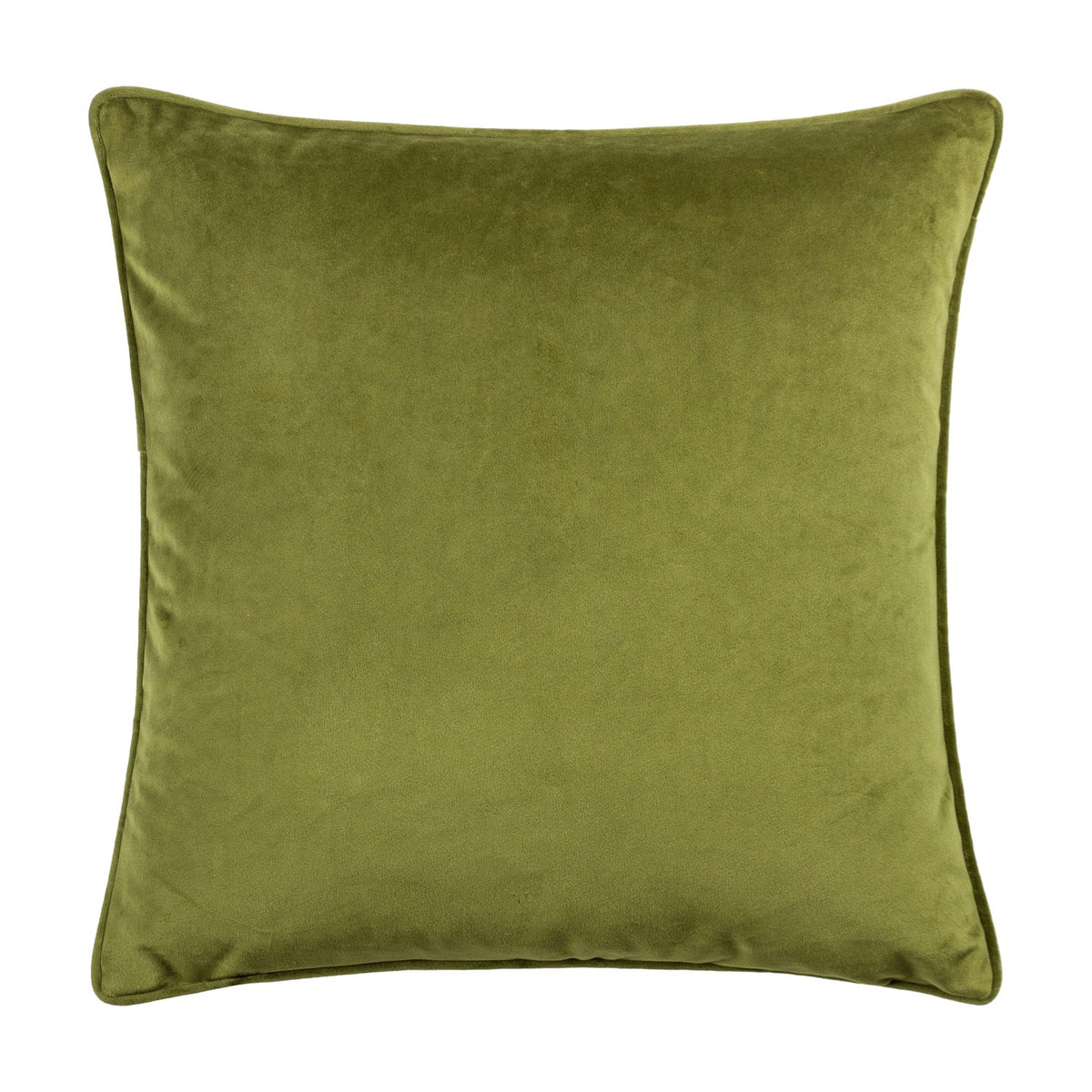 Malans Geometric Velvet Cushion in olive, 45 x 45cm square with piped edge trim, shown here plain reverse side in solid olive velvet against a white background.