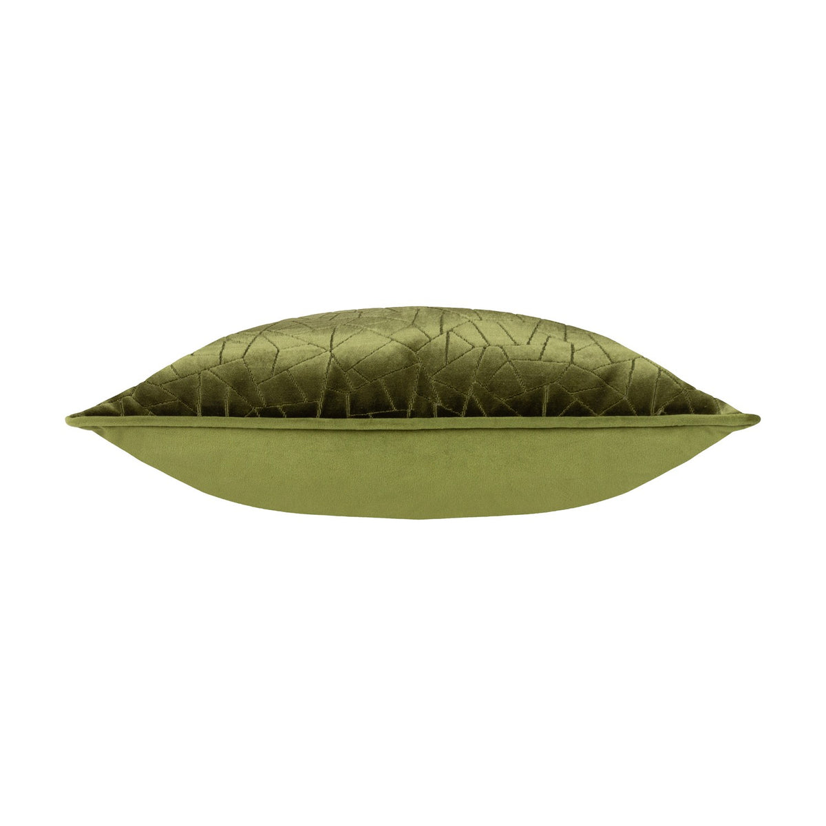 Side view of the Malans Geometric Velvet Cushion in olive, showing a piped edge trim joining the patterned front and plain velvet back, on a white background.