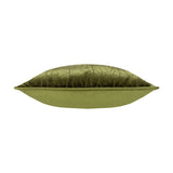 Side view of the Malans Geometric Velvet Cushion in olive, showing a piped edge trim joining the patterned front and plain velvet back, on a white background.