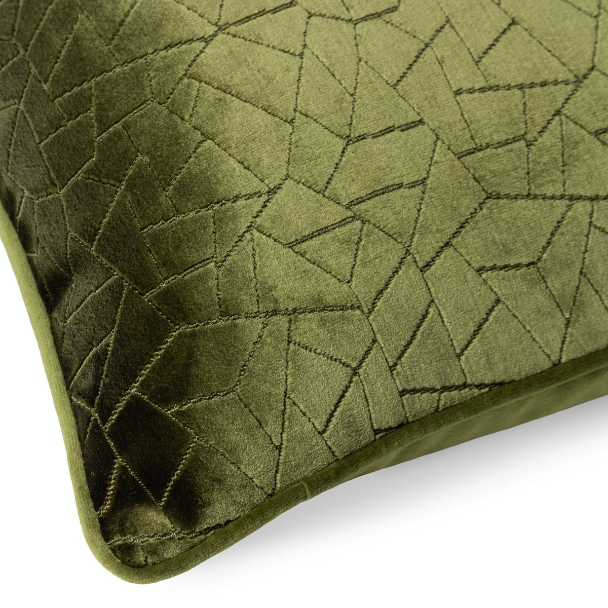 Close-up of the Malans Geometric Velvet Cushion in olive, showing cut-velvet pile with a crackled, faceted line pattern and a matching piped edge trim.