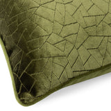 Close-up of the Malans Geometric Velvet Cushion in olive, showing cut-velvet pile with a crackled, faceted line pattern and a matching piped edge trim.