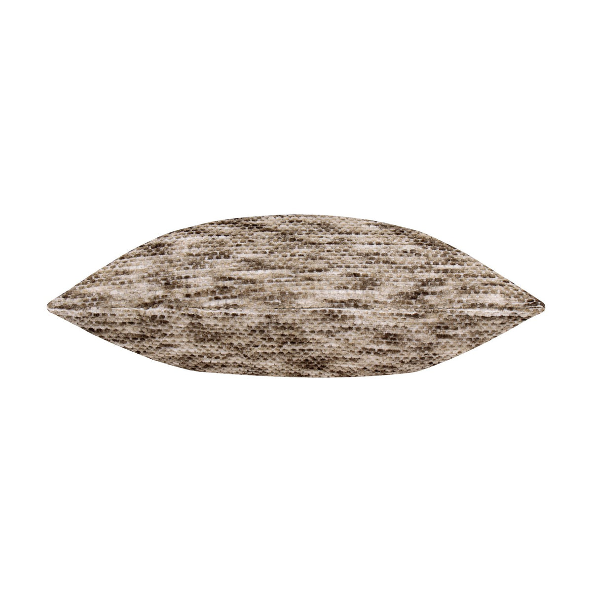 Malvern Jacquard Chenille Cushion in Cedar, a square cushion shown pointed end-on with mottled brown, stone and cream chenille weave, on a plain white background.