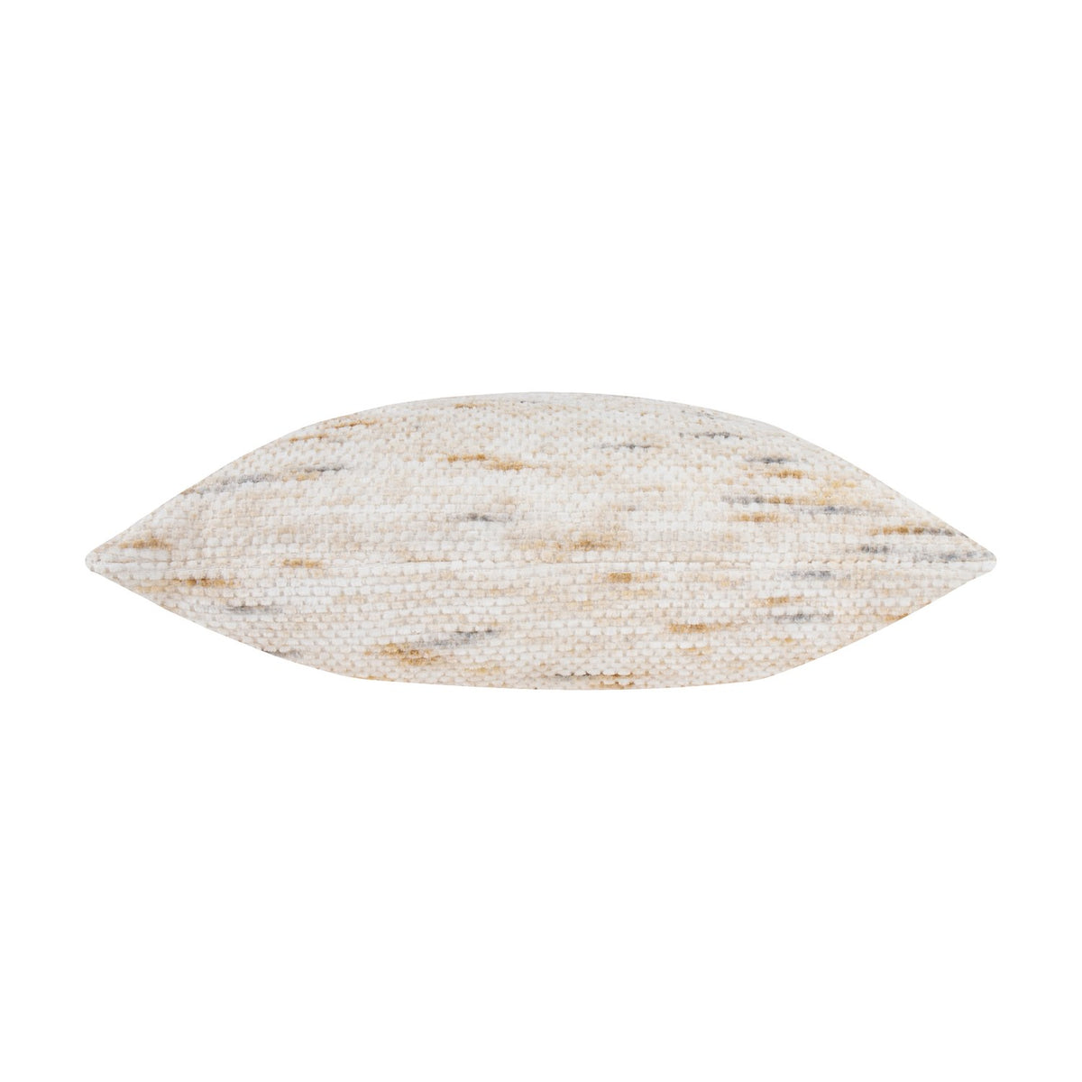 Malvern Jacquard Chenille Cushion in Natural, shown side-on to reveal its plump shape and woven chenille texture with cream, sand and gold streaks, against a plain white background.
