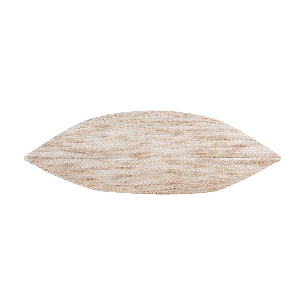 Malvern Jacquard Chenille Cushion in oatmeal, shown side-on to reveal its plump, boat-shaped profile and mottled woven texture, on a plain white background.