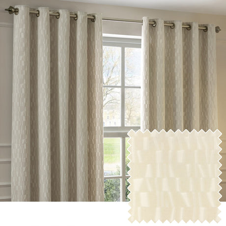Manhattan Velvet Fully Lined Eyelet Curtains in ivory hang from a bronze pole beside a window, showing a textured geometric pattern with a matching fabric swatch inset.
