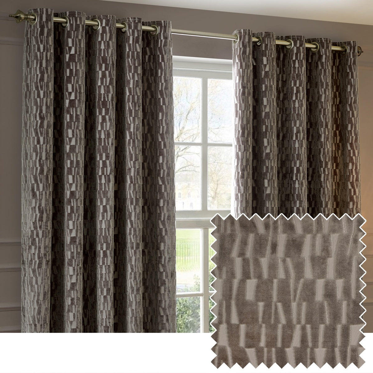 Manhattan Velvet Fully Lined Eyelet Curtains in mink brown, shown on a metal pole with eyelet heading, featuring a textured geometric tile pattern, with a matching fabric swatch inset.