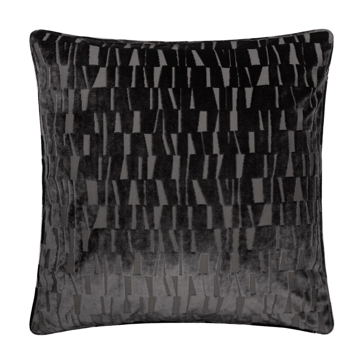 Manhattan Geometric Velvet Cushion in charcoal, square with piped edges, showing a cut-velvet pattern of vertical bars in raised pile against a smooth ground, on a plain white background.