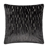 Manhattan Geometric Velvet Cushion in charcoal, square with piped edges, showing a cut-velvet pattern of vertical bars in raised pile against a smooth ground, on a plain white background.