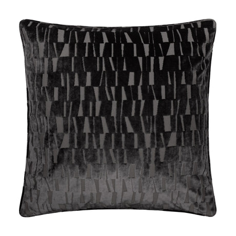 Manhattan Geometric Velvet Cushion in charcoal, square with piped edges, showing a cut-velvet pattern of vertical bars in raised pile against a smooth ground, on a plain white background.