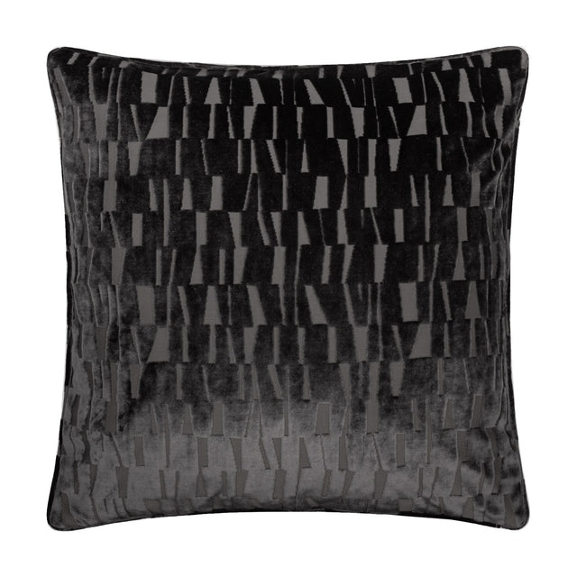 Manhattan Geometric Velvet Cushion in charcoal, square with piped edges, showing a cut-velvet pattern of vertical bars in raised pile against a smooth ground, on a plain white background.